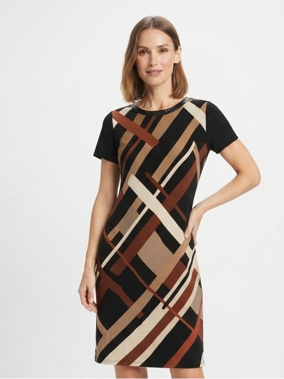 Travelers by Chico's Abstract Print Sheath Dress Faux Leather Trim Size 0 | Sm